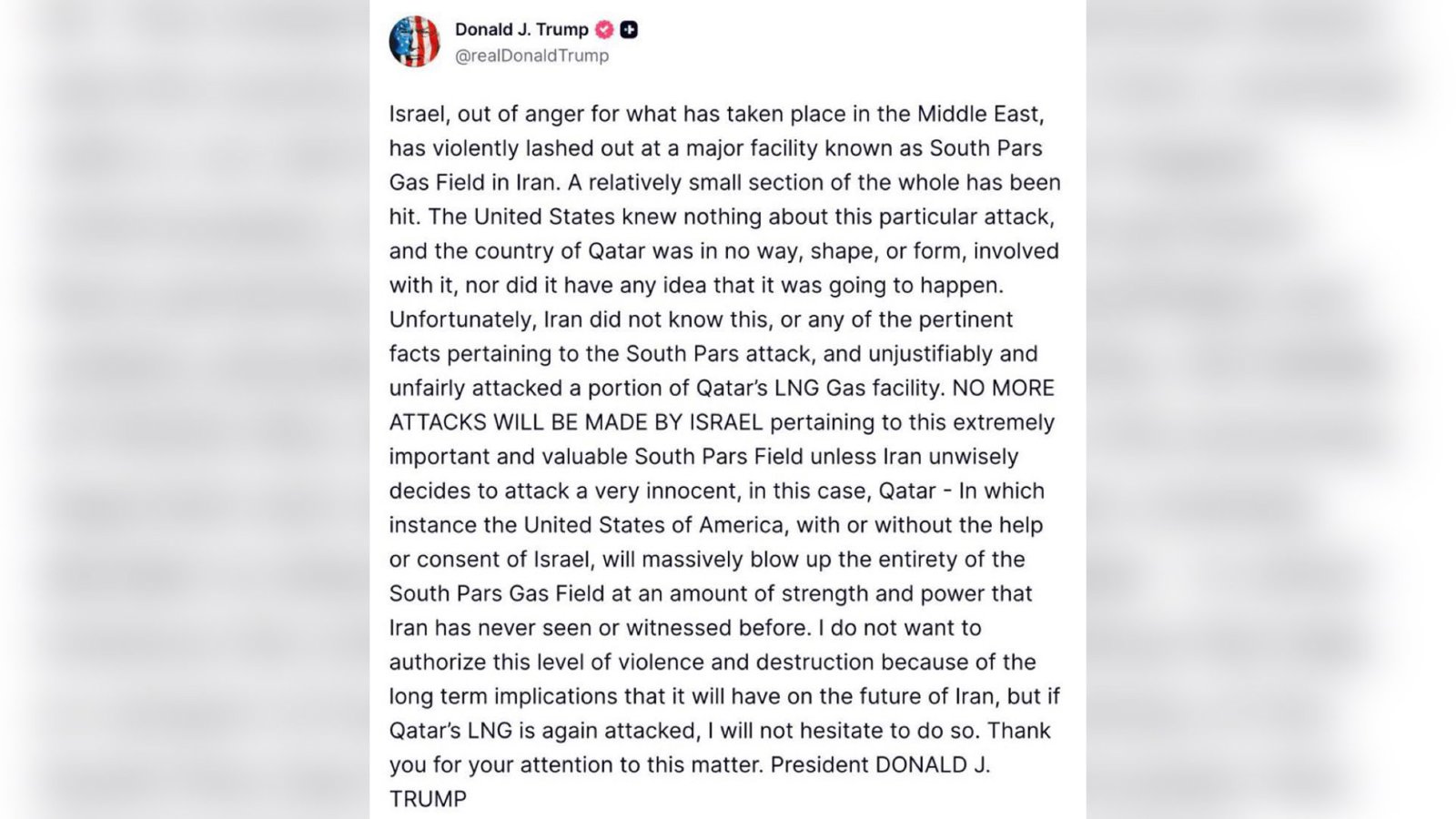  دونالد ترامپ: اگر ایران دوباره به تأسیسات گازی قطر حمله کند، پارس جنوبی را نابود می‌کنیم              
