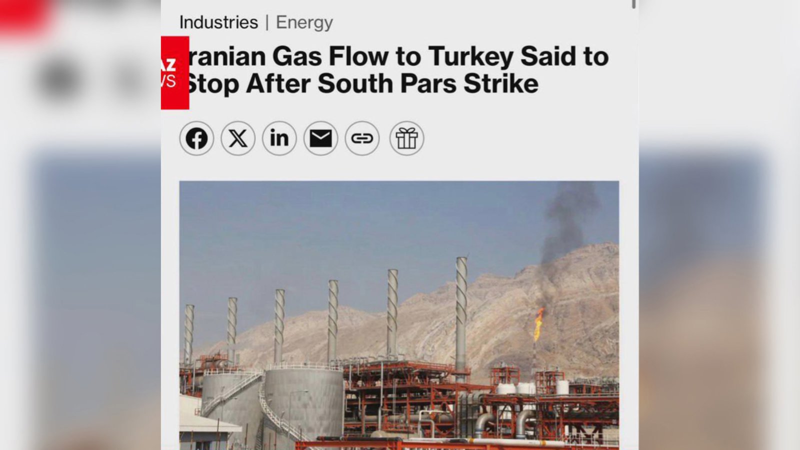  ایران صادرات گاز به ترکیه را پس از حمله به پارس جنوبی متوقف کرد      