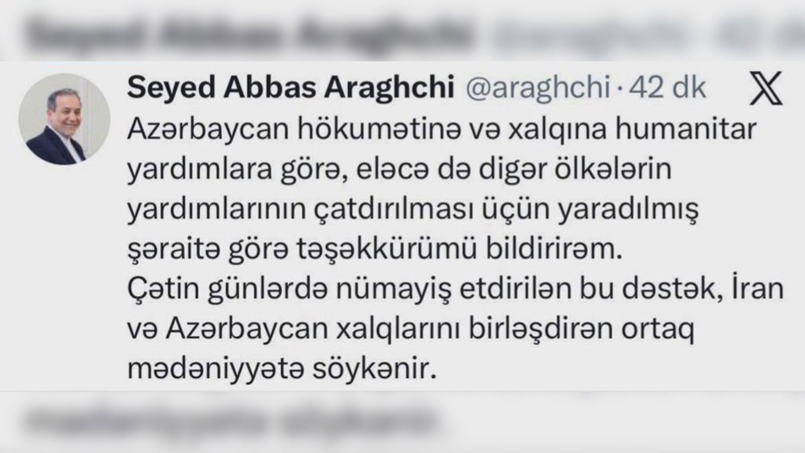 Əraqçi türkcə təşəkkür etdi; Azərbaycan dövlətinə və xalqına minnətdarlıq