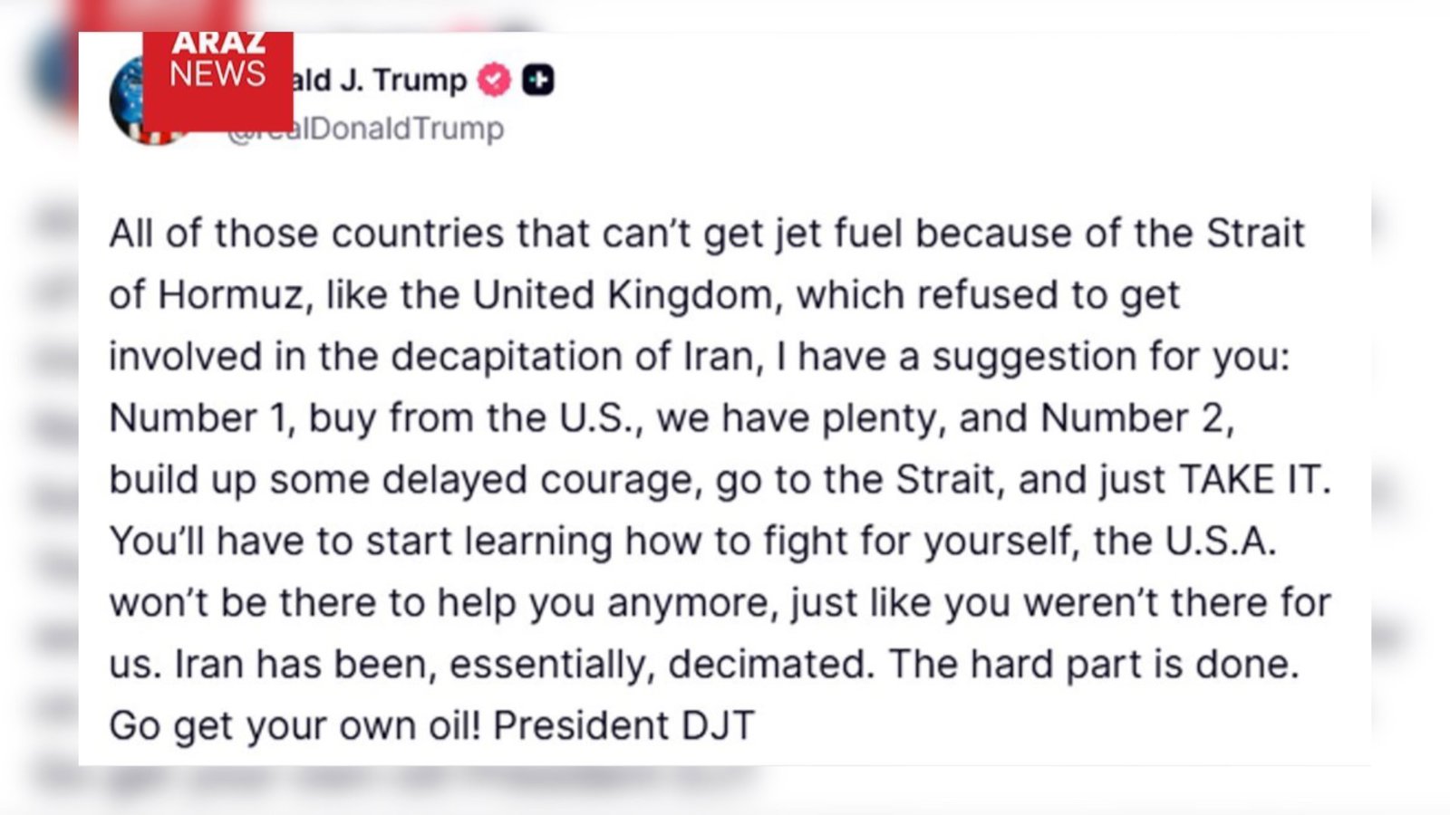  دونالد ترامپ: بریتانیا اگر سوخت جت می‌خواهد، خودش برای گرفتن نفت به تنگه هرمز برود  