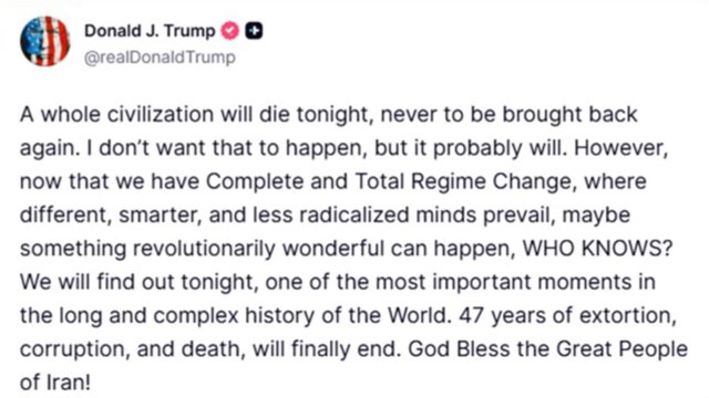  Tramp: İranda tam rejim dəyişikliyi baş verəcək, “bir sivilizasiya bu gecə öləcək”