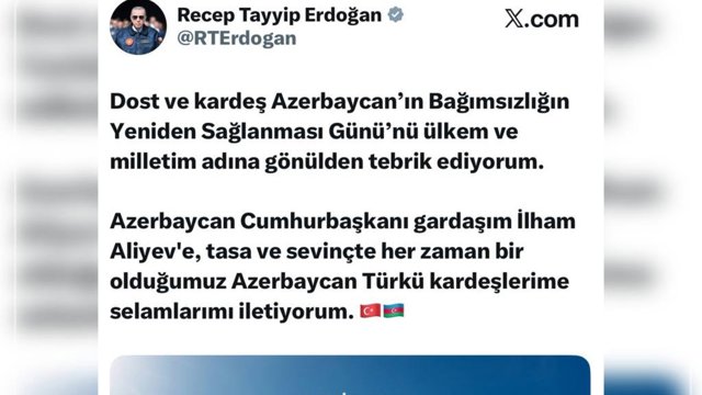 اردوغان سالروز احیای استقلال آذربایجان را تبریک گفت