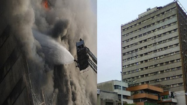 ساختمان ۱۷ طبقه تولیدی و تجاری پلاسکو تهران بر اثر آتش سوزی فرو ریخت + فیلم